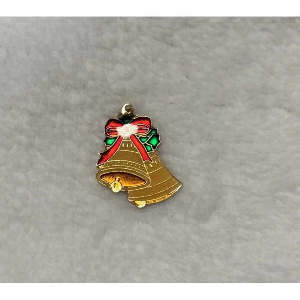 Vintage Christmas Bells Enamel Pendant Charm Holiday Jewelry‎ Red Bow Metal 1.5